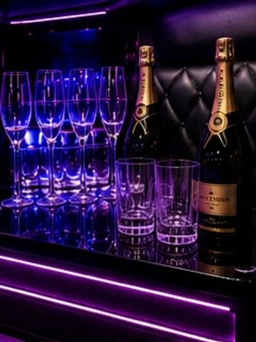 Champagne bottles and glasses illuminated by purple neon lights.