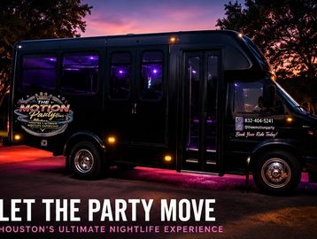 Party bus at sunset with vibrant lights.