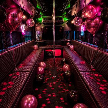 Party bus interior decorated with balloons and rose petals.
