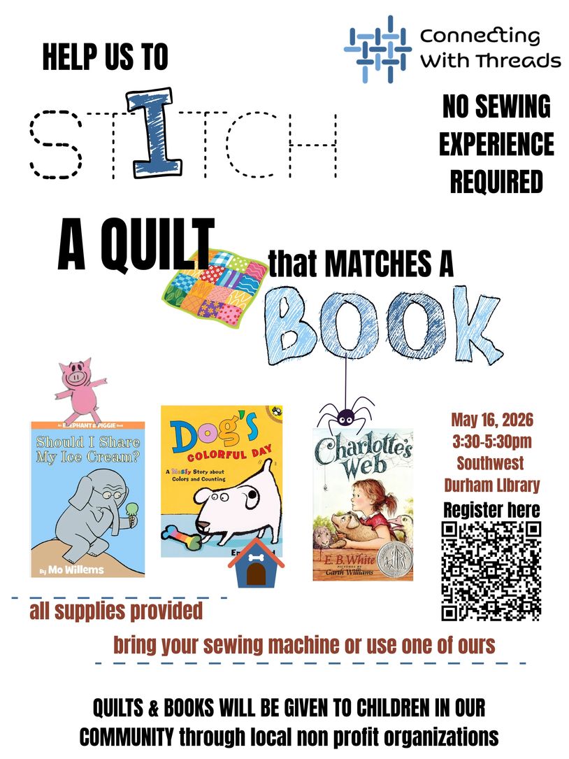 Join a quilting event matching quilts to children's books, no sewing experience needed.