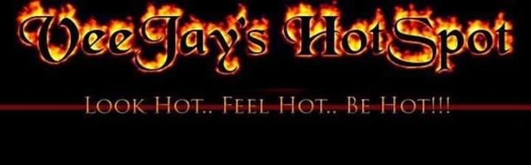 Fiery text logo for Vee Jay's Hot Spot.