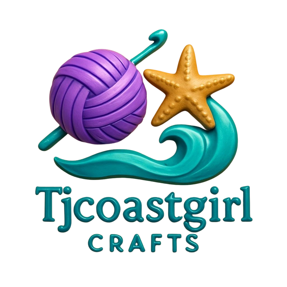 Craft-themed logo featuring yarn, starfish, and wave with text 'Tjcoastgirl Crafts'.