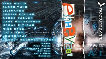 Digital art collage featuring layered text and fragmented human faces.