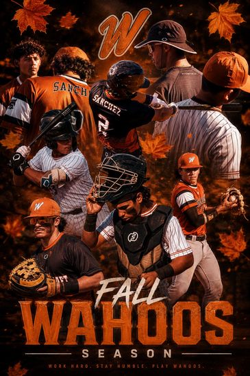 Dynamic collage of baseball players in action celebrating fall Wahoos season.