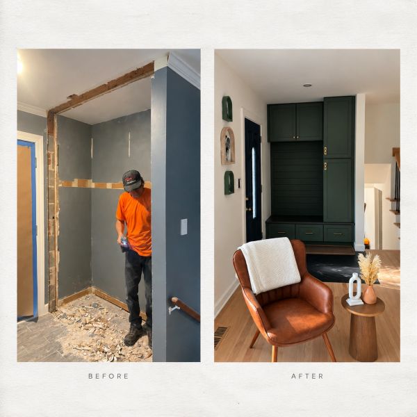 Before and after home renovation showing demolition and finished cozy corner.
