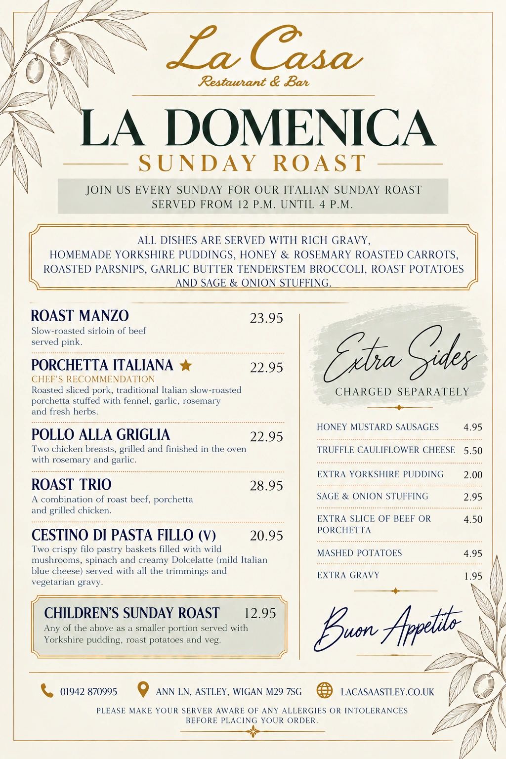 Menu for La Casa Italian Sunday Roast with various roast options and extra sides.