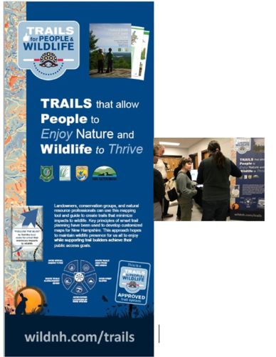 Informational banner promoting wildlife-friendly trails in New Hampshire.