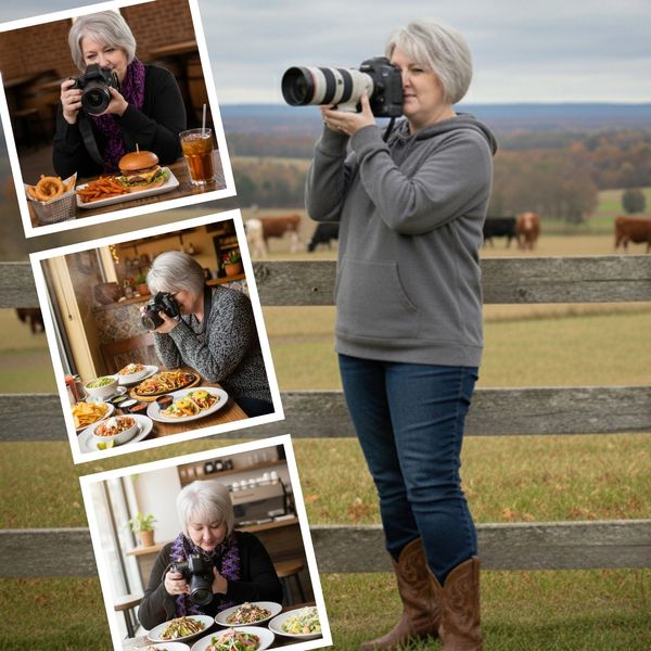 various photos of laura with her camera in different settings