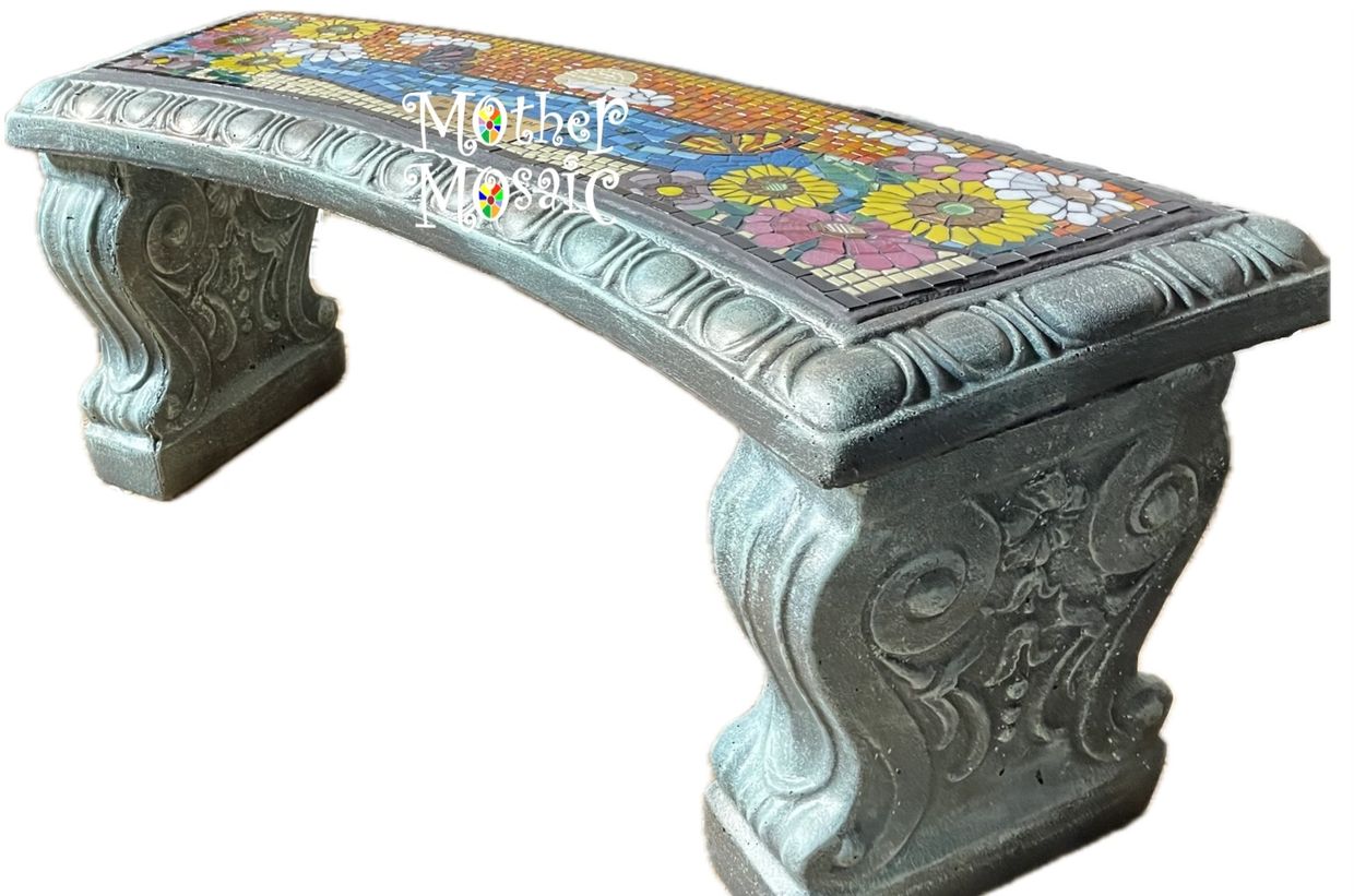 Garden benches, memorial benches with Mother Mosaic mosaic bench 