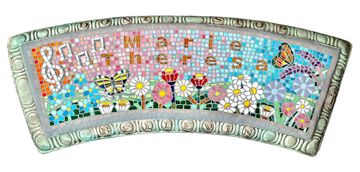 Custom memorial benches with mosaic names and concrete bench carving