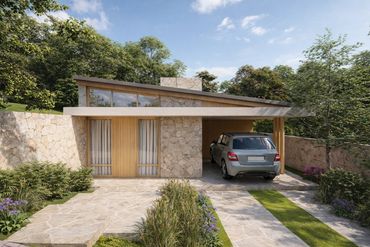 Modern house with stone facade and carport surrounded by greenery.