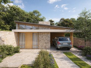 Modern house with stone facade and carport surrounded by greenery.