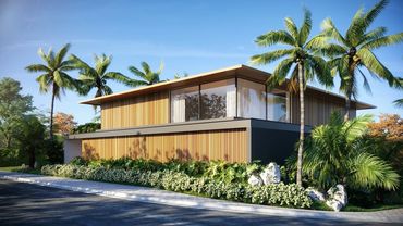Modern house with wooden paneling surrounded by palm trees and greenery.