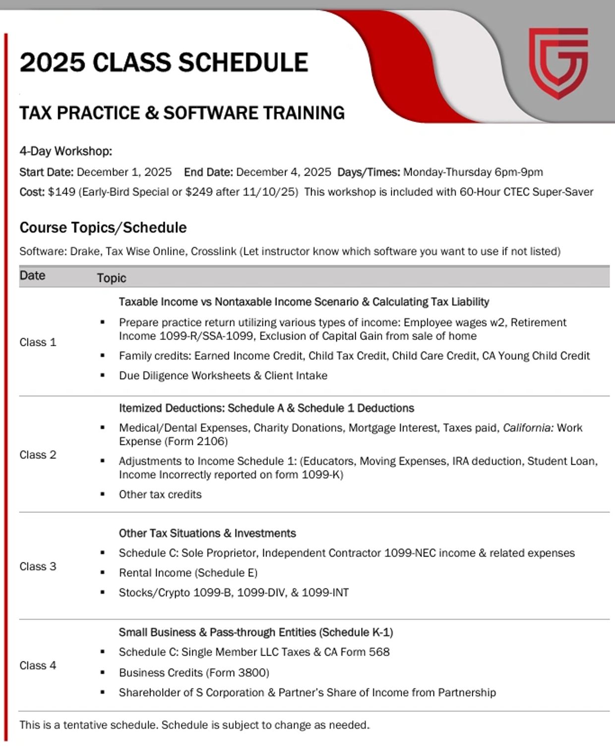 2025 tax practice and software training schedule with workshop details and course topics.