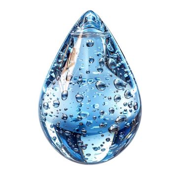 A blue water droplet with bubbles inside against a white background.
