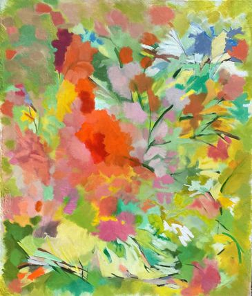 Vibrant abstract painting with colorful floral shapes and bold brushstrokes.
