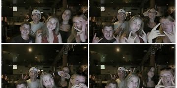 Four photos of a group of friends making fun poses indoors.