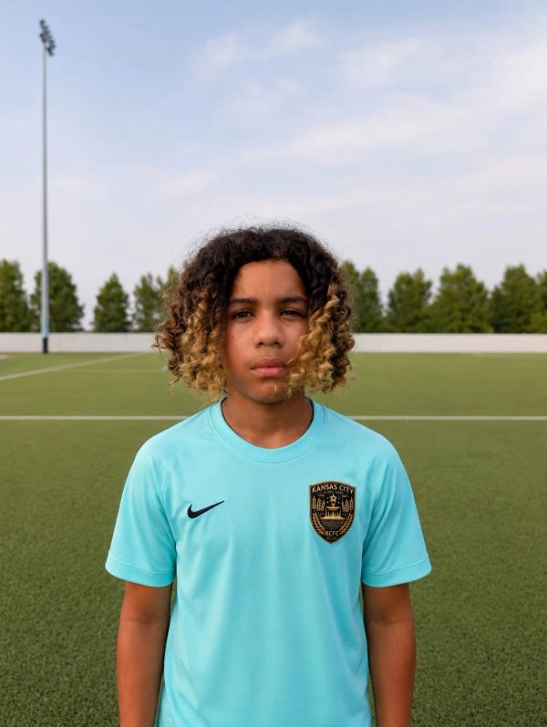 Teen soccer player in a blue jersey on a field.
