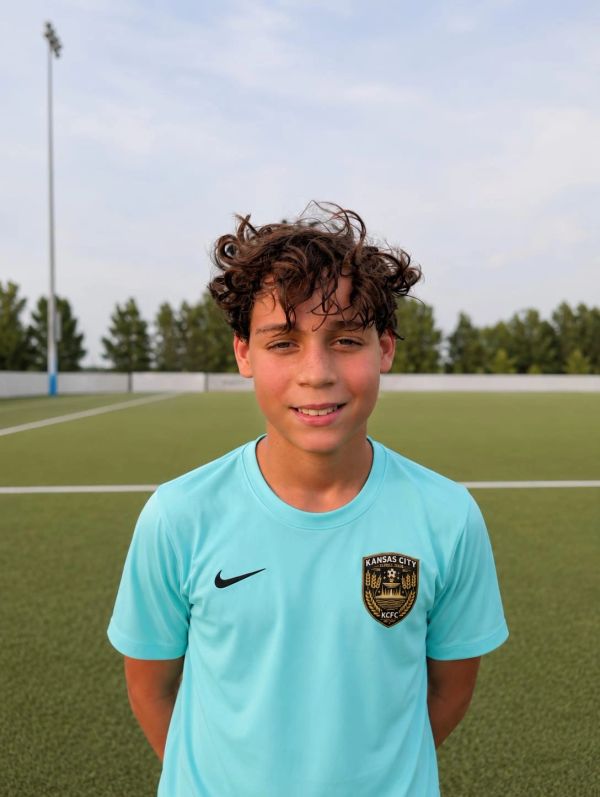 Smiling boy in light blue soccer jersey on field.