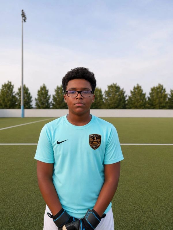 Young soccer player in blue jersey and gloves on field.
