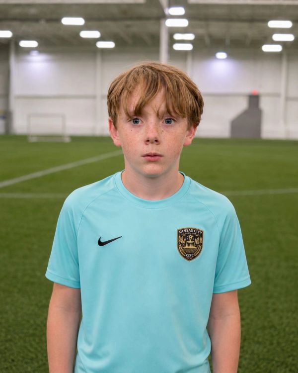 Young soccer player in blue jersey indoors.