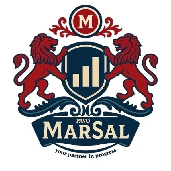 Logo with two red lions and a shield, featuring the text 'Pavo Marsal' and slogan 'your partner in progress'.