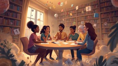 A diverse group of friends studying together in a cozy, book-filled room with floating papers.