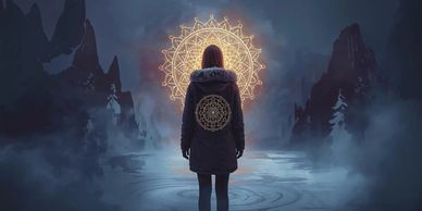 Person stands before glowing mystical mandala in a foggy, mountainous landscape.