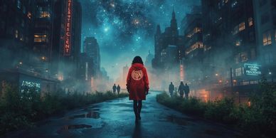 Person in red coat walks through a misty, futuristic city under a starry sky.