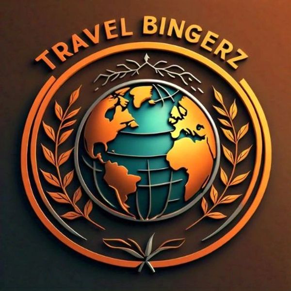A vibrant logo featuring a stylized globe with orange continents and blue oceans, surrounded by laurel branches and the text 'TRAVEL BINGERZ'.