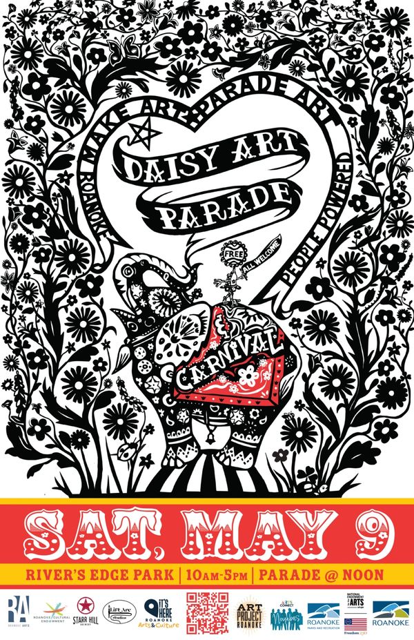 Black and white floral poster with elephant for Daisy Art Parade on May 9.