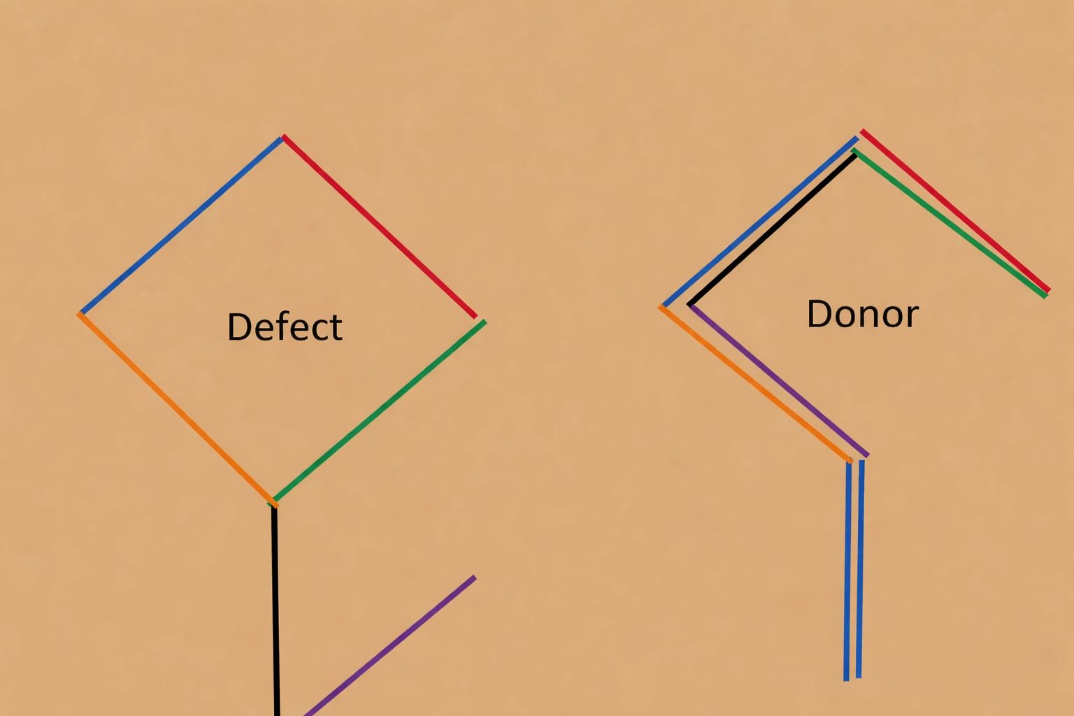 Diagram showing defect and donor structures with colored edges labeled accordingly.