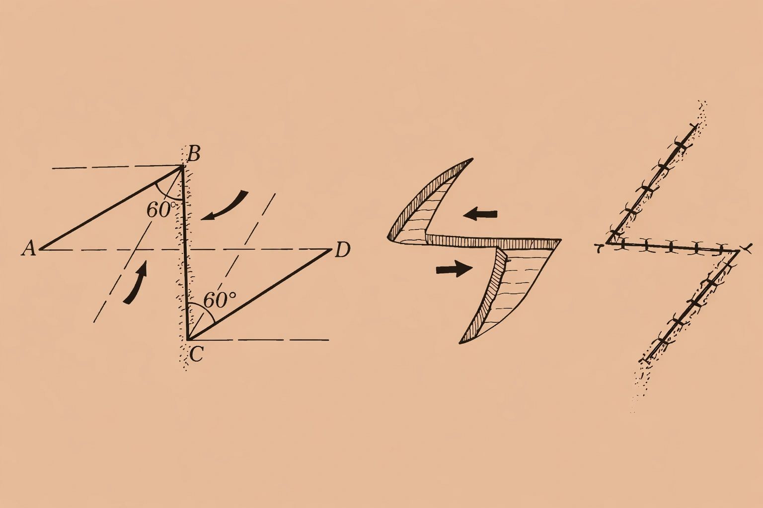 Technical drawing showing geometric shapes and fold lines with arrows.