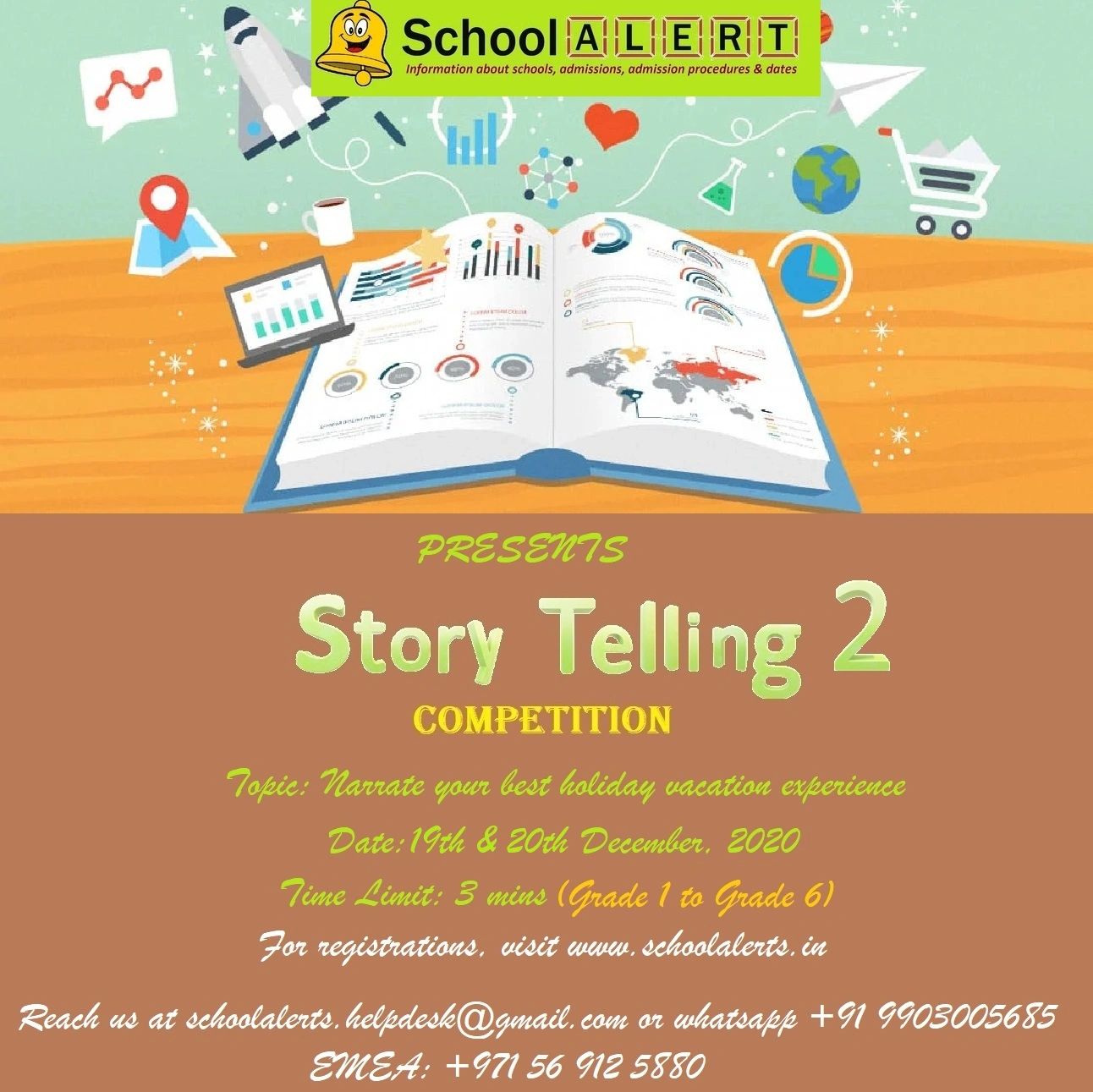 Poster announcing a storytelling competition for grades 1 to 6 in December 2020.