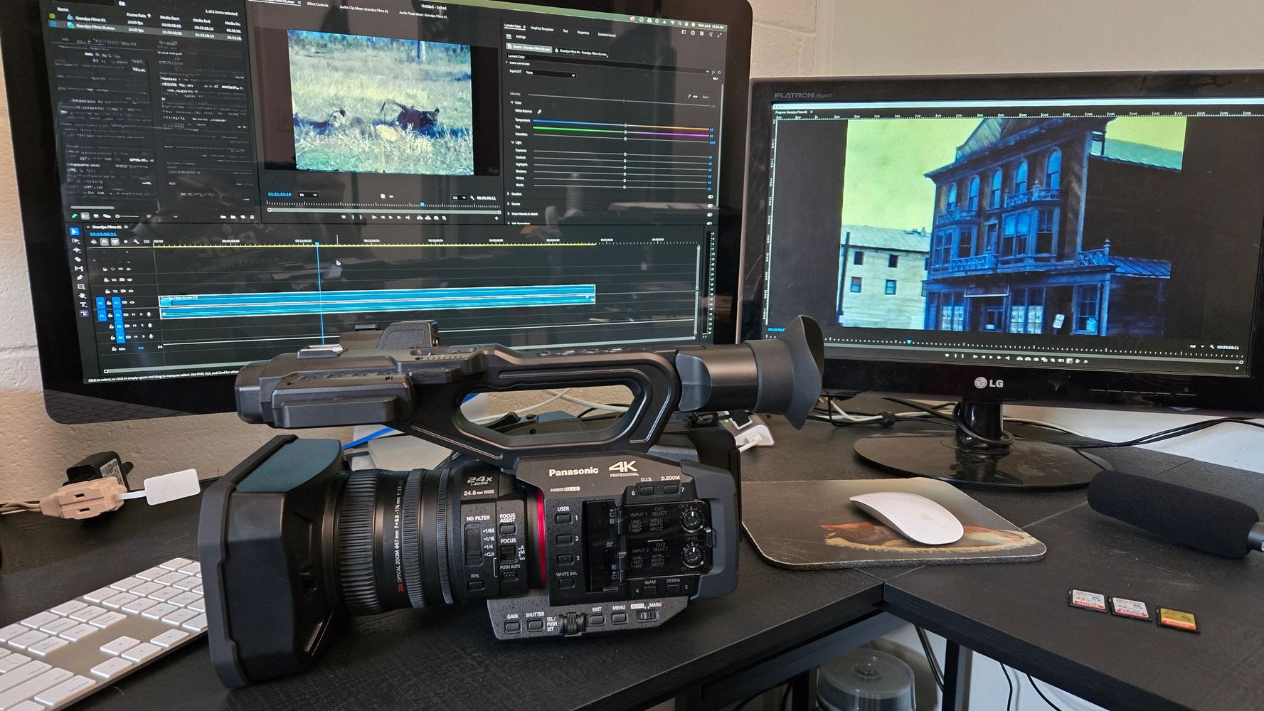 Professional video camera on desk with dual monitors showing video editing software.