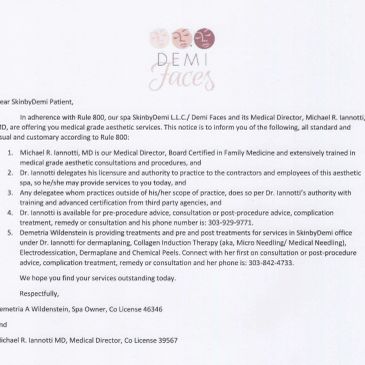 Medical Director Informed Consent form for SkinByDemi LLC to practice Medical Directed skin care ser