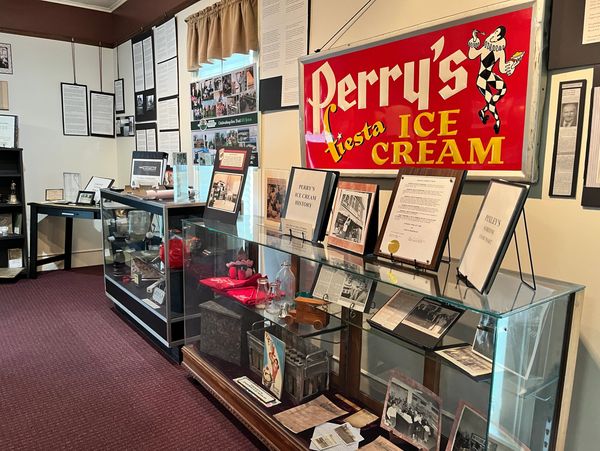 Knight-Suttom Museum display of local businesses including Perry's Ice Cream