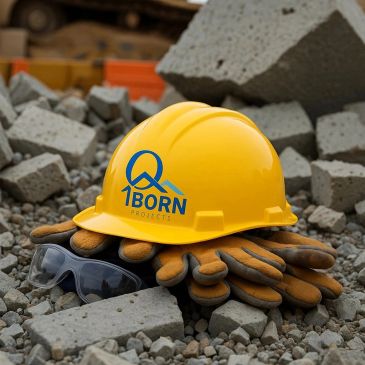 Construction helmet, gloves, and goggles on rubble.