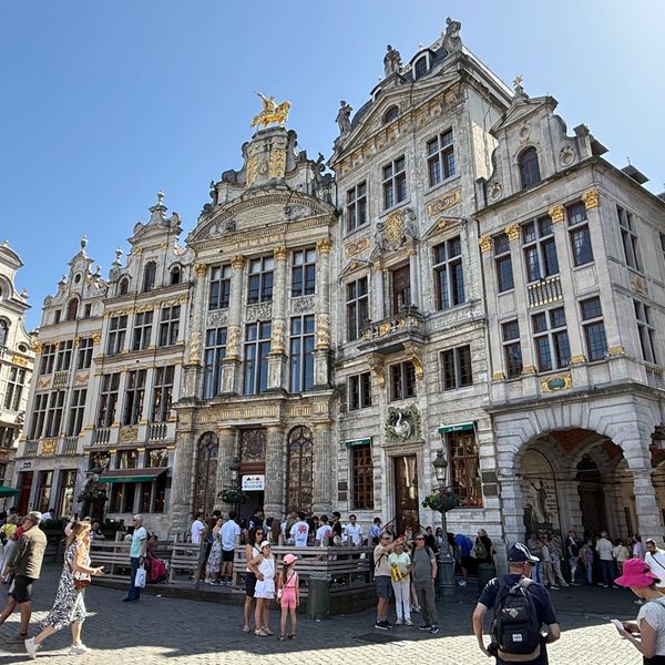 Historic ornate buildings with gold accents in a busy city square under clear blue sky.