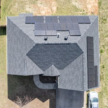 Drone roof inspection with solar panels.