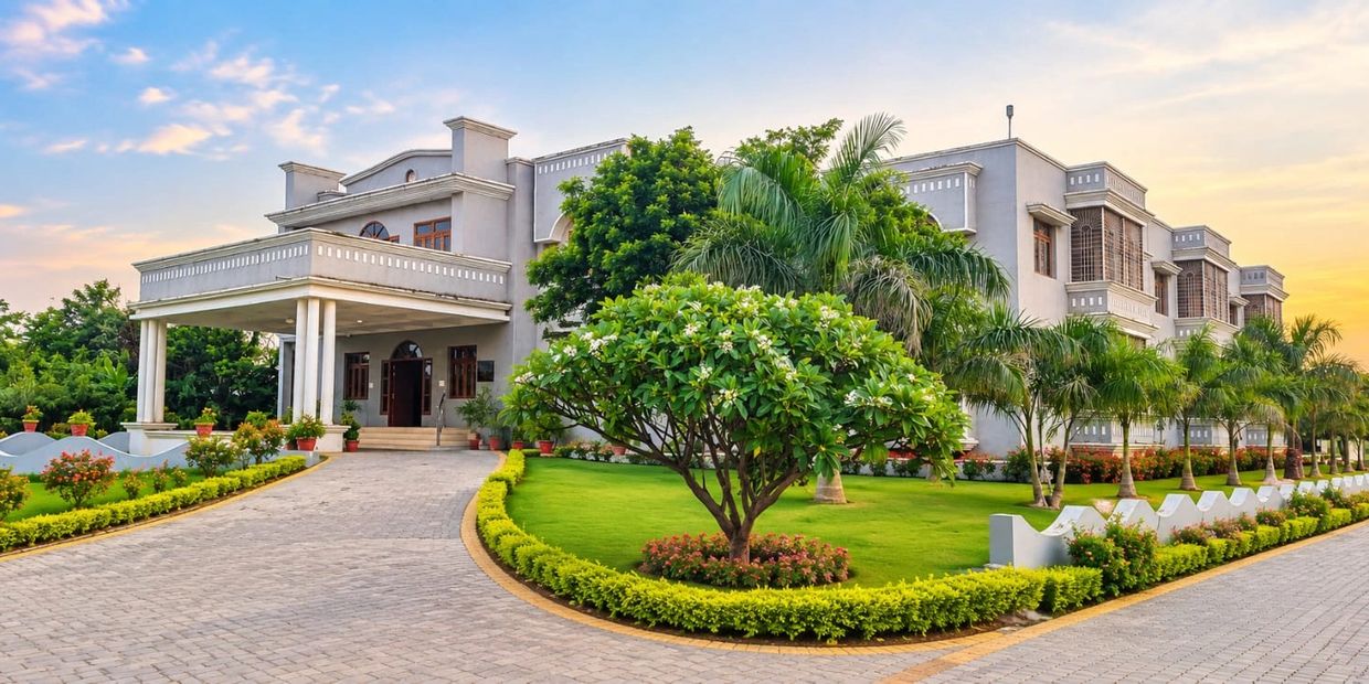 Spacious house with manicured garden and palm trees.