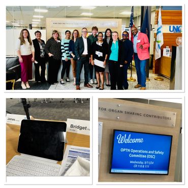 Group photo of diverse professionals at a committee meeting with a welcome sign and workspace.