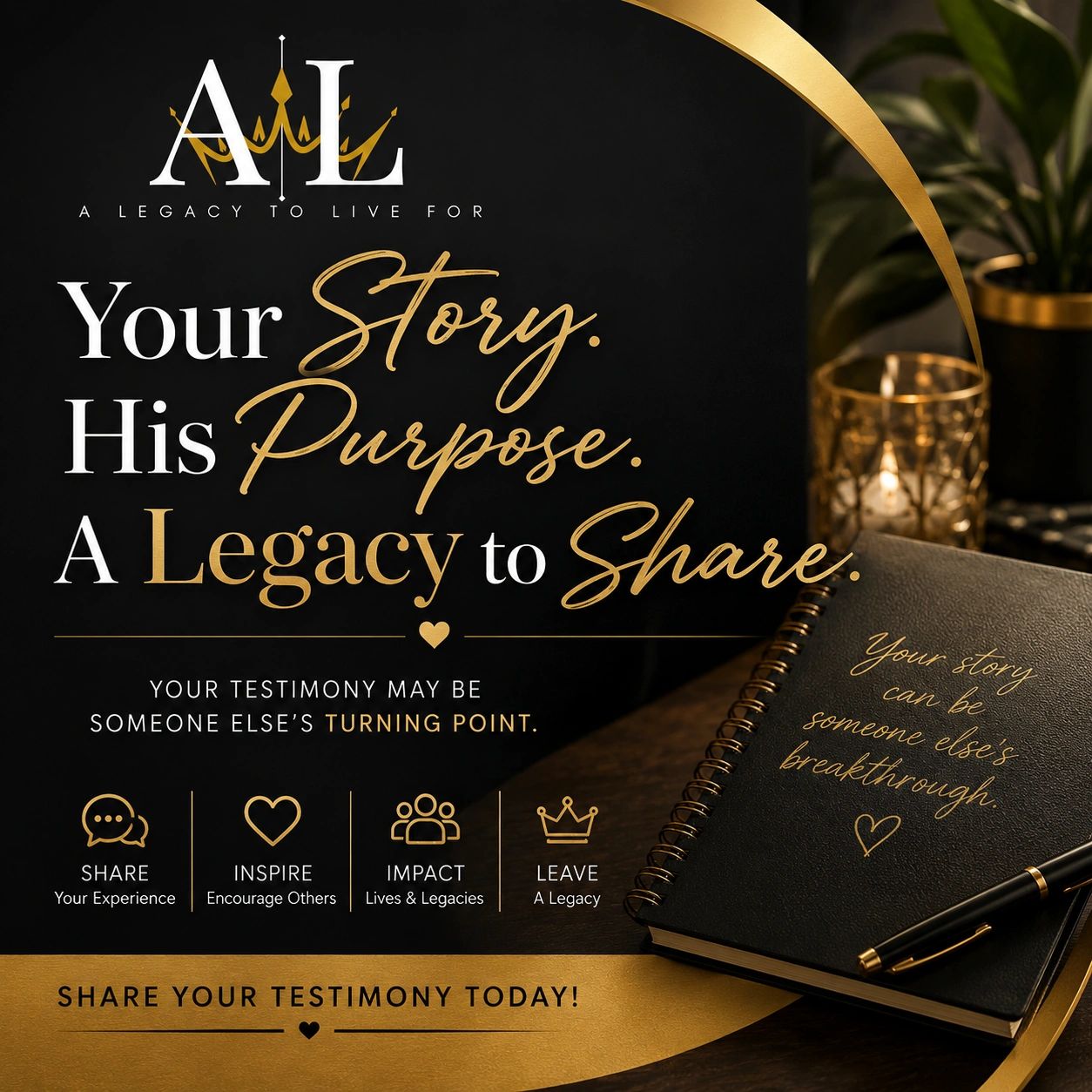 Inspirational message encouraging sharing testimonies to impact others.
