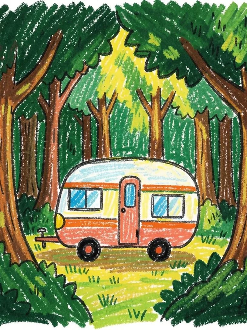 Colorful camper trailer in a forest clearing.
