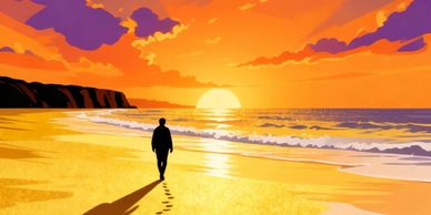 Person walking on a beach at sunset.