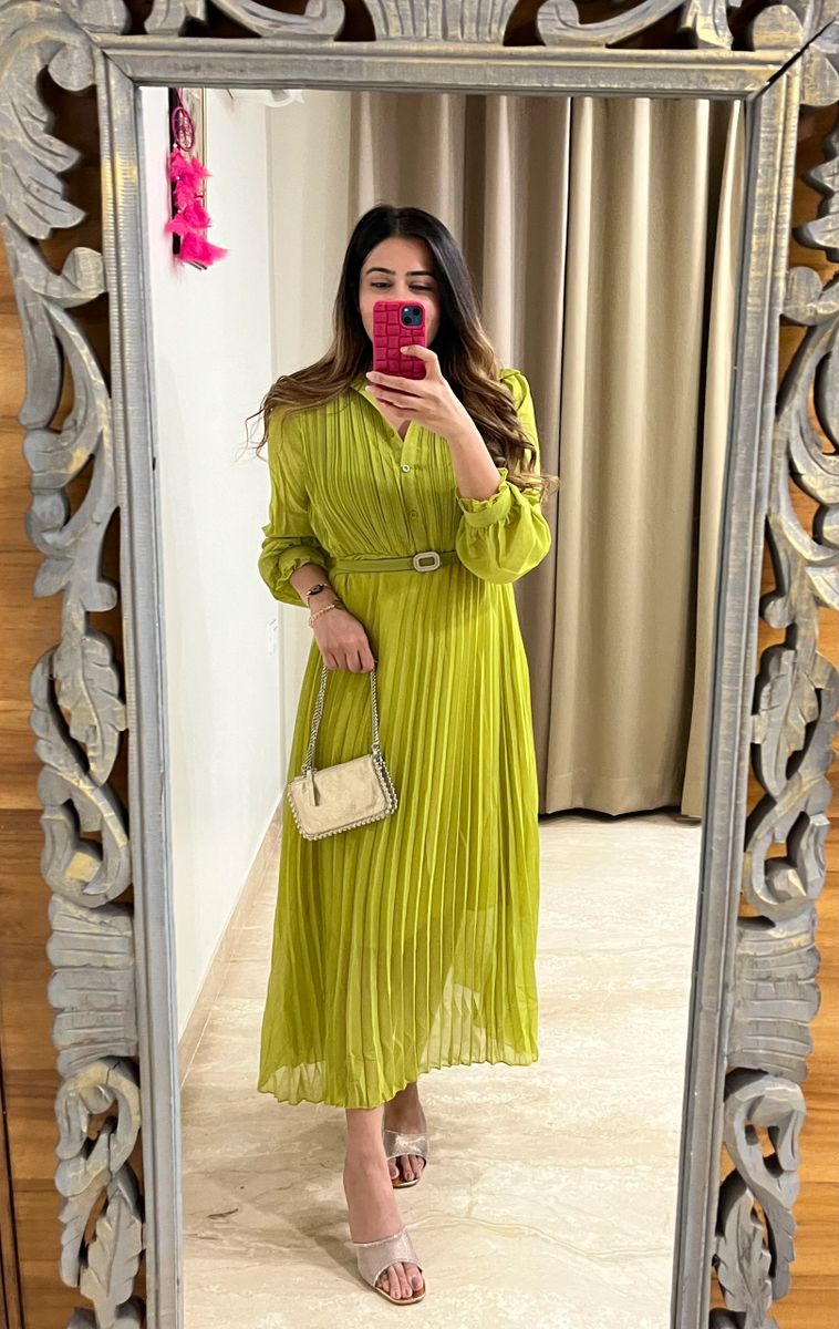 Green pleated dress sales zara