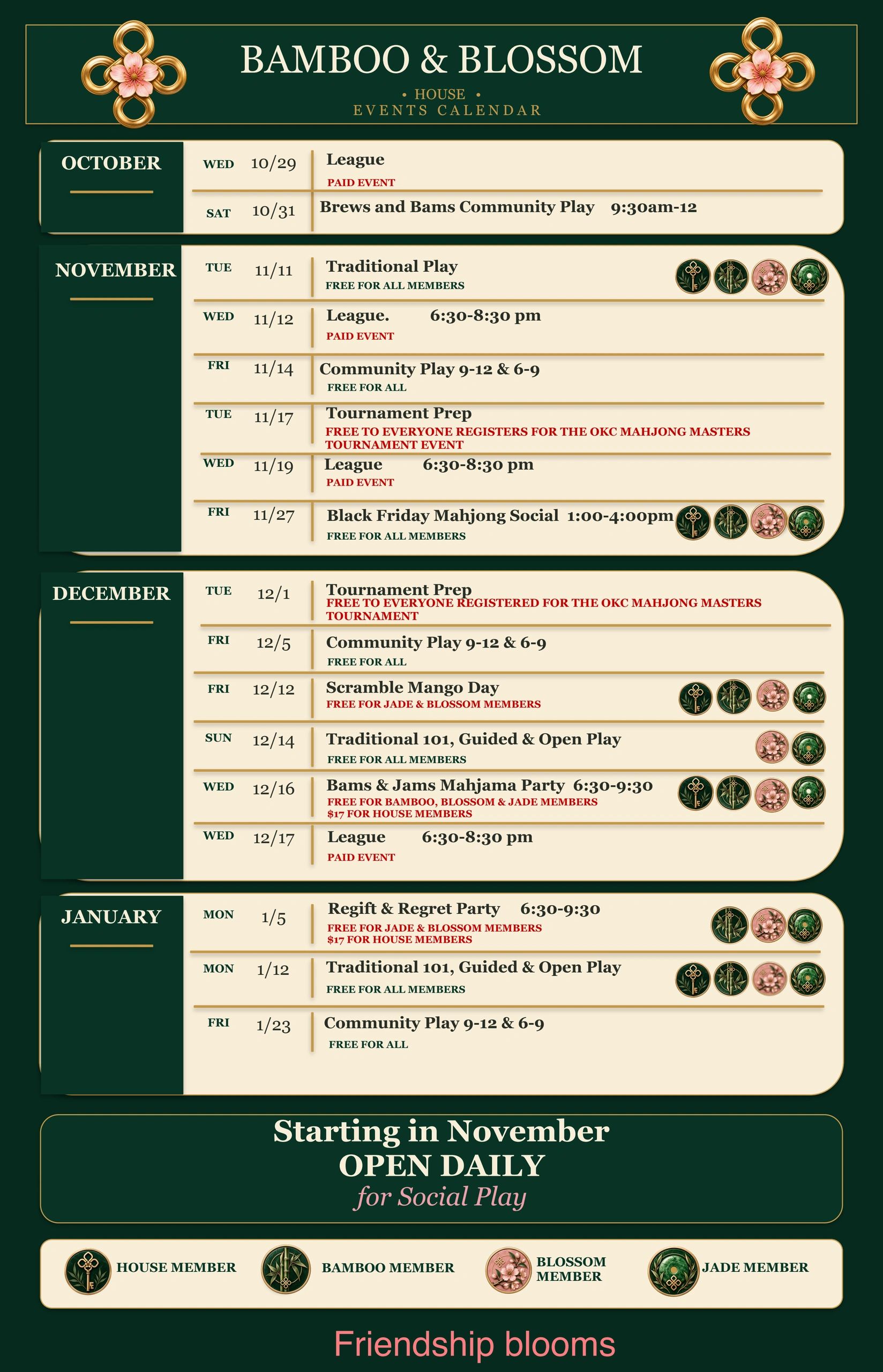 Bamboo &amp; Blossom House events calendar from October to January.