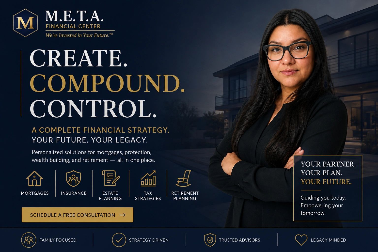 Financial advisor promoting complete financial strategies for future planning.