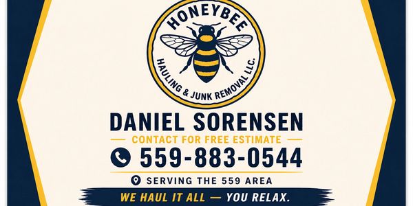 Business card for Honeybee Hauling &amp; Junk Removal with contact details.