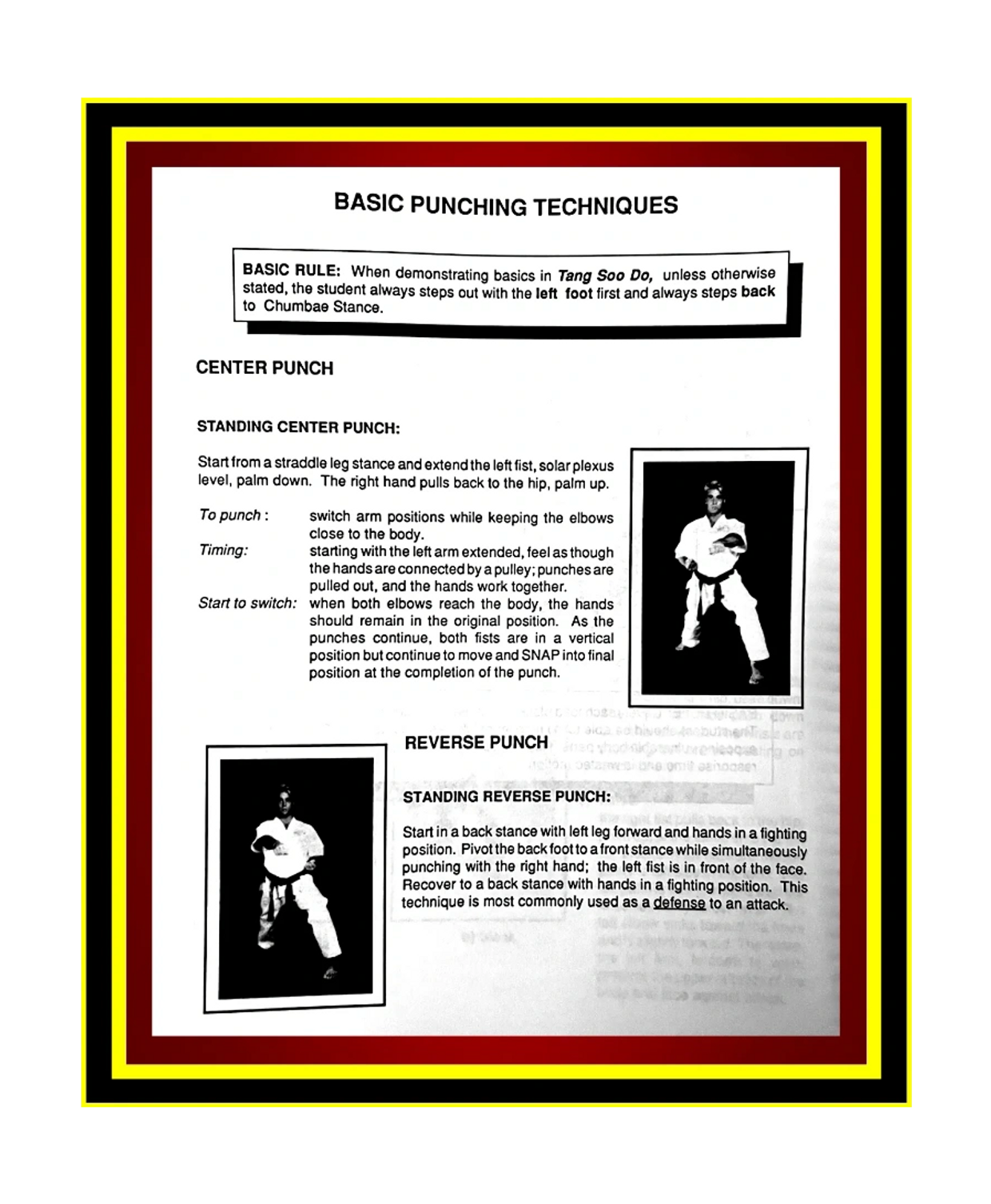 Instructional guide on basic punching in Tang Soo Do, detailing Center Punch and Reverse Punch